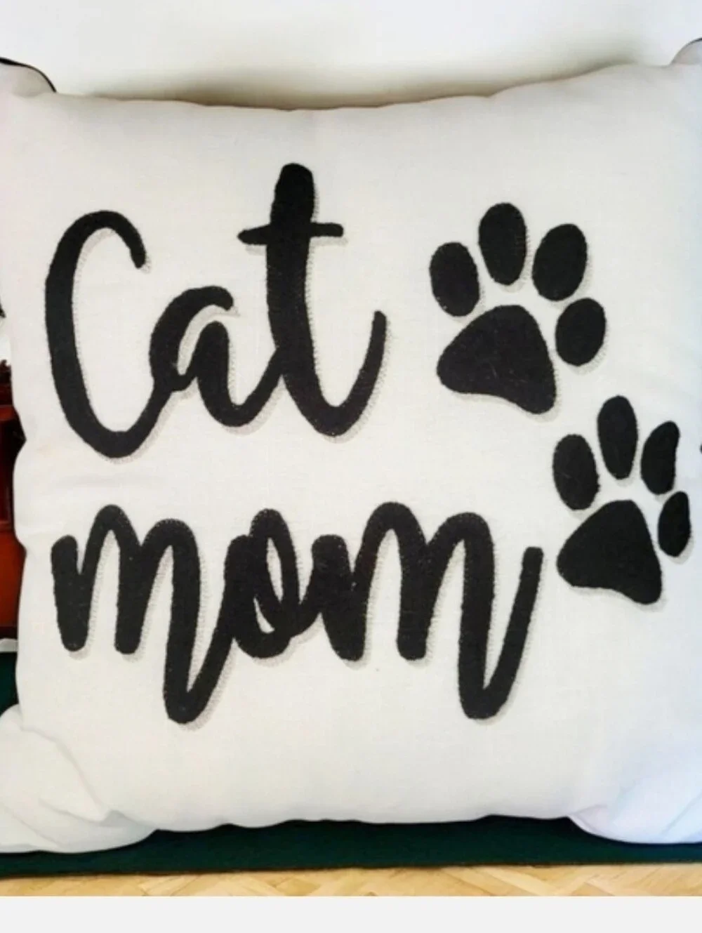 NWOT Cat Mom Throw Pillow Black Piping Raised Text & Paw Prints Silver Rope Trim